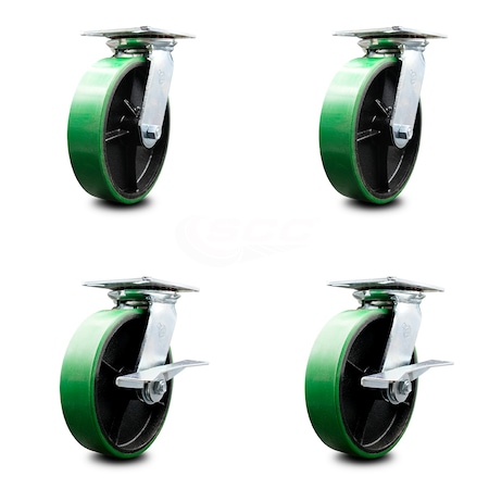 Service Caster 8 Inch Green Poly on Cast Iron Swivel Caster Set with Roller Bearings 2 Brakes SCC-35S820-PUR-GB-2-SLB-2